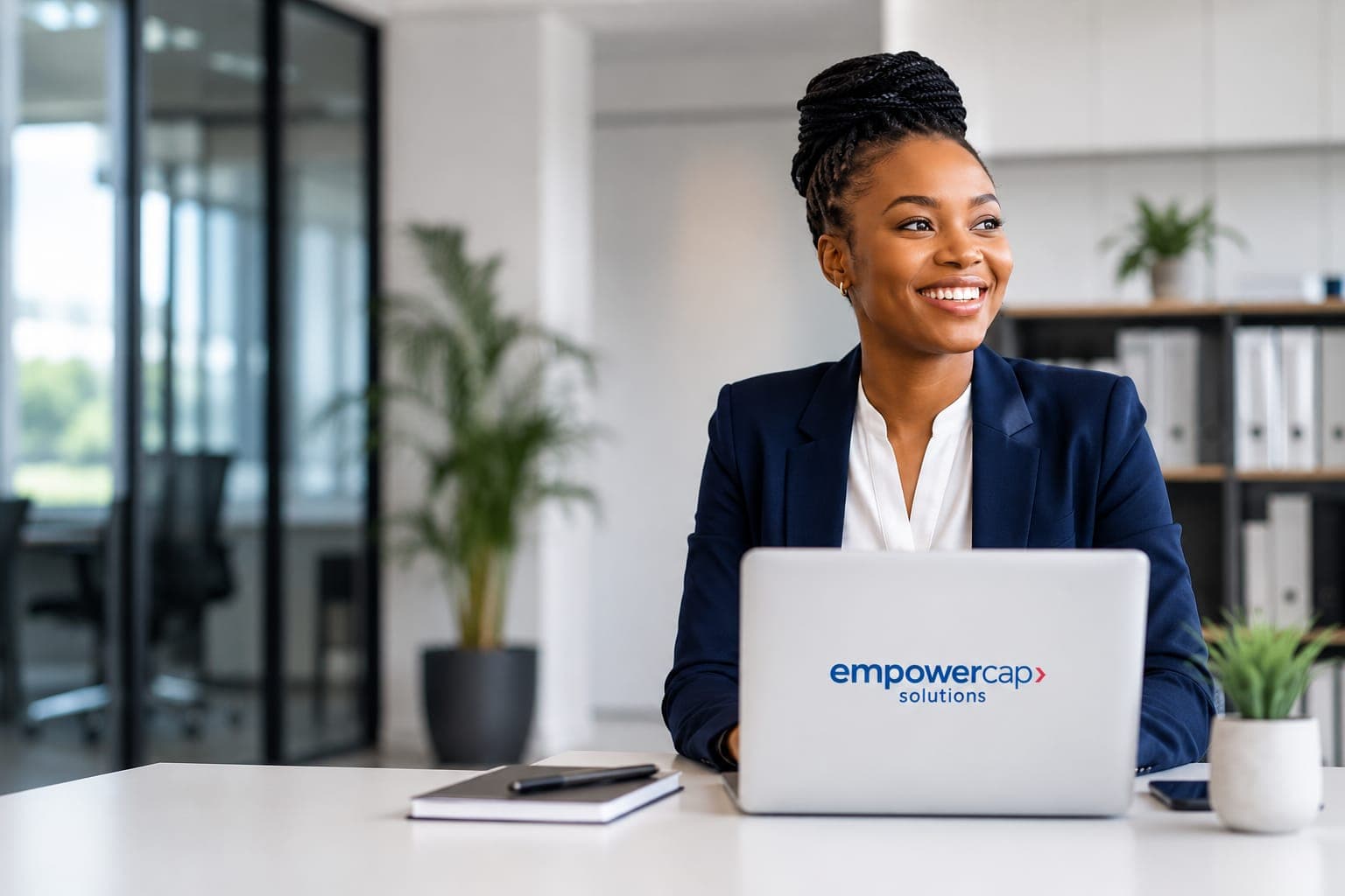 An EmpowerCap client working confidently in her office